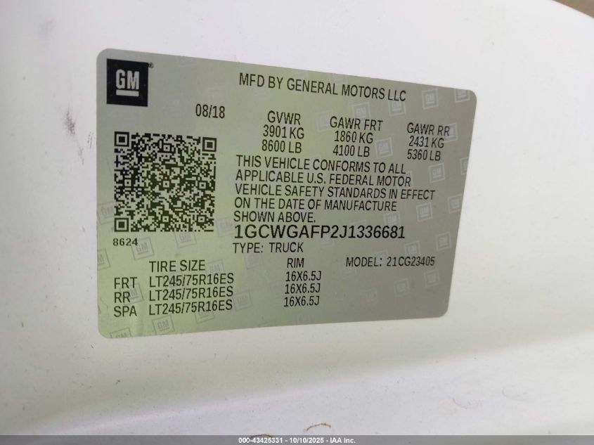 2018 Chevrolet Express 2500 Work Van VIN: 1GCWGAFP2J1336681 Lot: 43425331