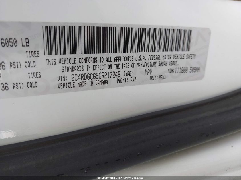 2016 Dodge Grand Caravan Sxt VIN: 2C4RDGCG5GR217248 Lot: 43425340