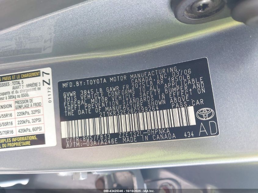 2006 Toyota Corolla Matrix Xr VIN: 2T1KR32E26C599264 Lot: 43425346