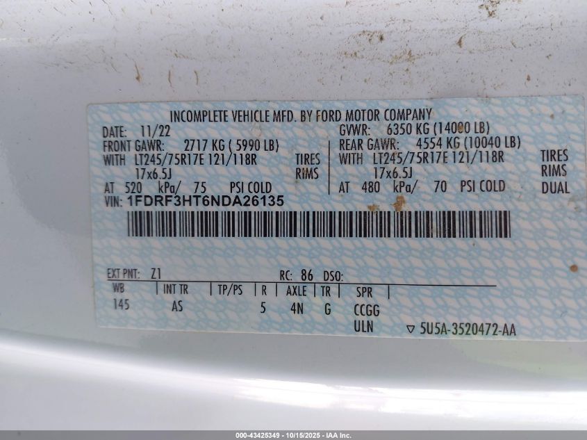 2022 Ford F-350 Chassis Xl VIN: 1FDRF3HT6NDA26135 Lot: 43425349