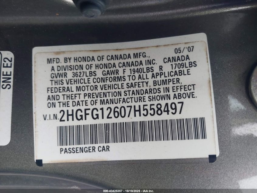 2007 Honda Civic Lx VIN: 2HGFG12607H558497 Lot: 43425357