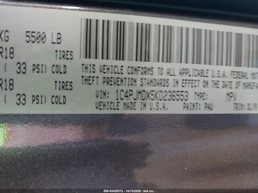 2019 Jeep Cherokee Limited 4X4 VIN: 1C4PJMDX5KD236553 Lot: 43425372