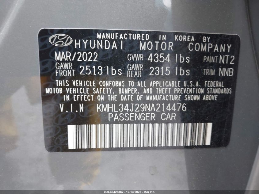 2022 Hyundai Sonata Limited VIN: KMHL34J29NA214476 Lot: 43425382