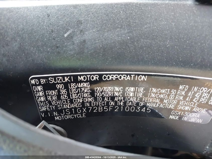 2015 Suzuki Gsx1300 Ra VIN: JS1GX72B5F2100345 Lot: 43425384