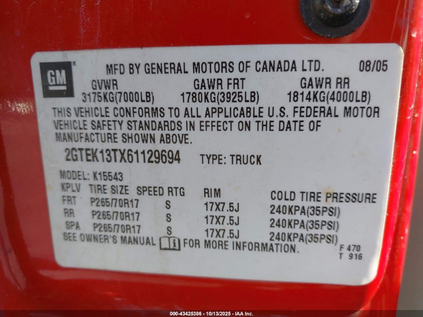 2006 GMC Sierra 1500 Sle2 VIN: 2GTEK13TX61129694 Lot: 43425386