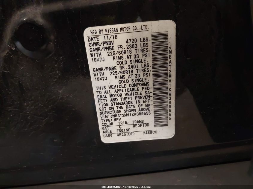 2019 Nissan Rogue Sv VIN: JN8AT2MV1KW389555 Lot: 43425402