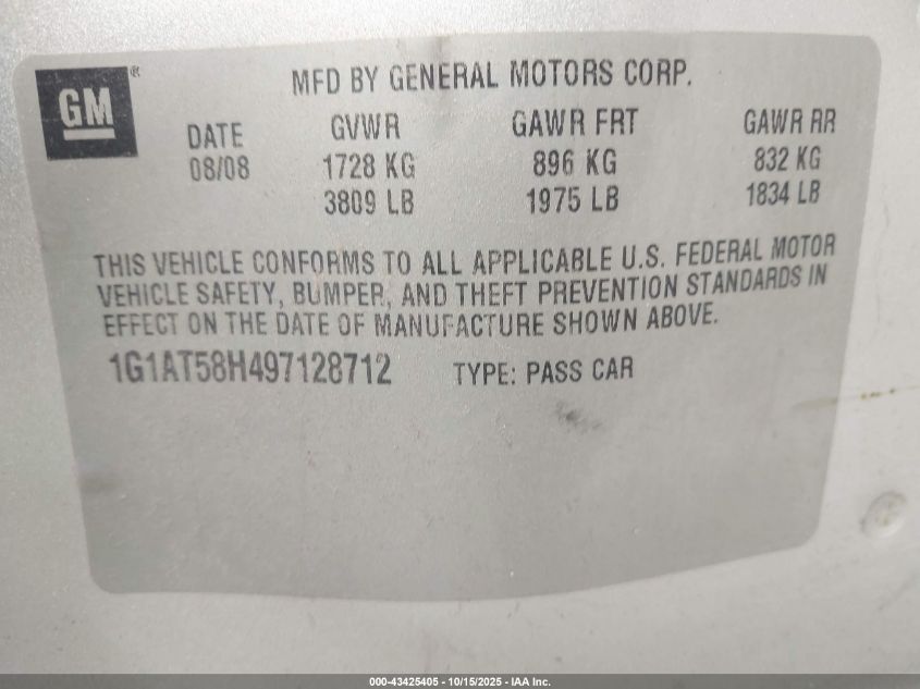 2009 Chevrolet Cobalt Lt VIN: 1G1AT58H497128712 Lot: 43425405