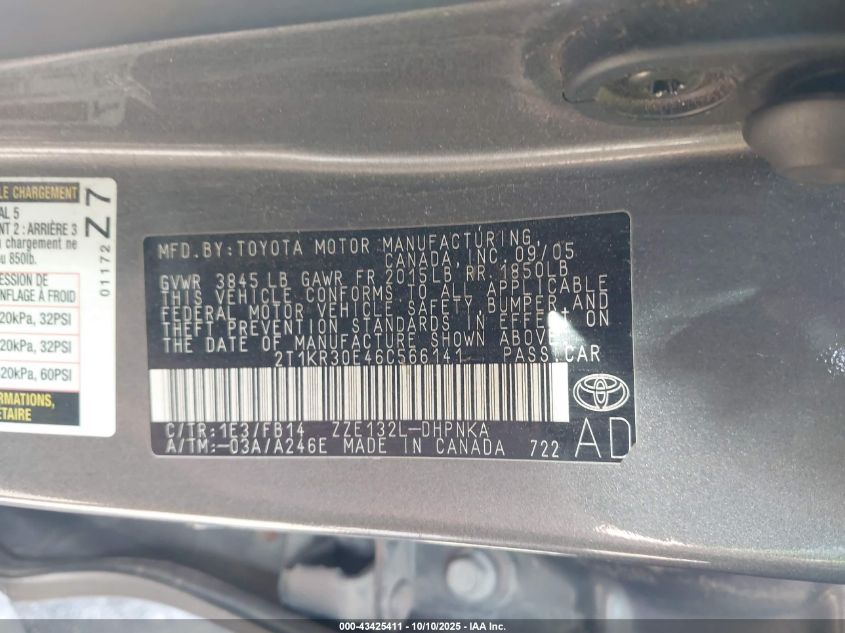 2006 Toyota Matrix Xr VIN: 2T1KR30E46C566141 Lot: 43425411