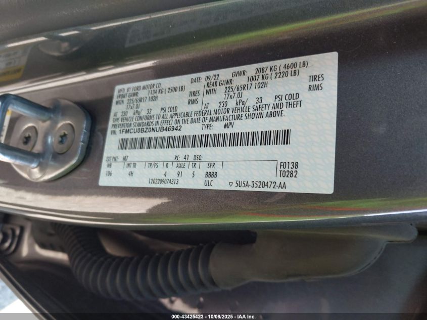 2022 Ford Escape Se Hybrid VIN: 1FMCU0BZ0NUB46942 Lot: 43425423