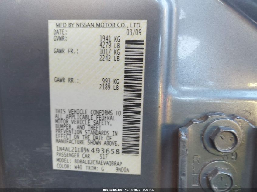 2009 Nissan Altima 2.5 S VIN: 1N4AL21E89N493658 Lot: 43425425