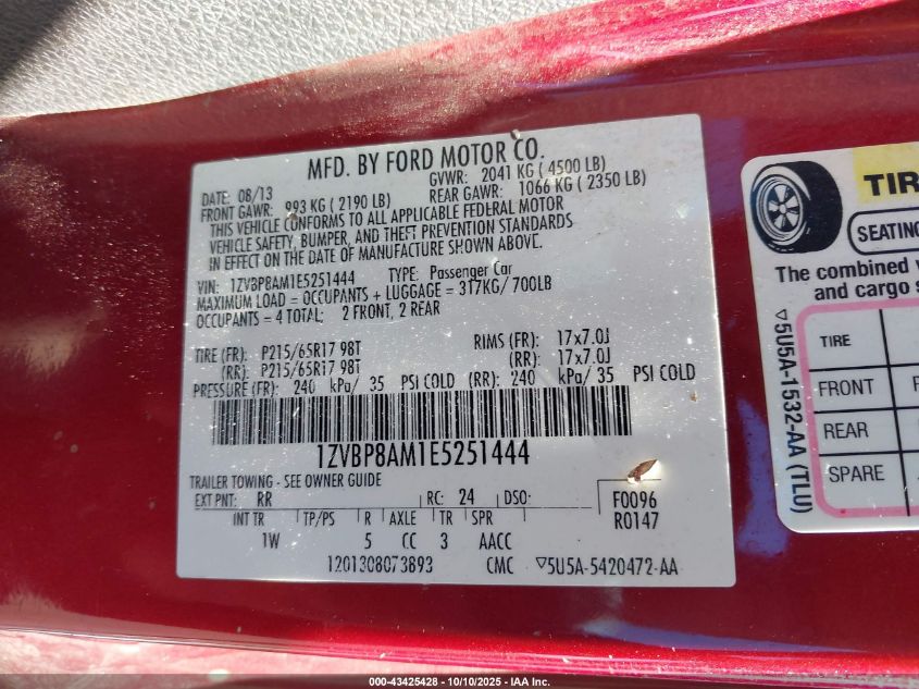 2014 Ford Mustang V6 VIN: 1ZVBP8AM1E5251444 Lot: 43425428