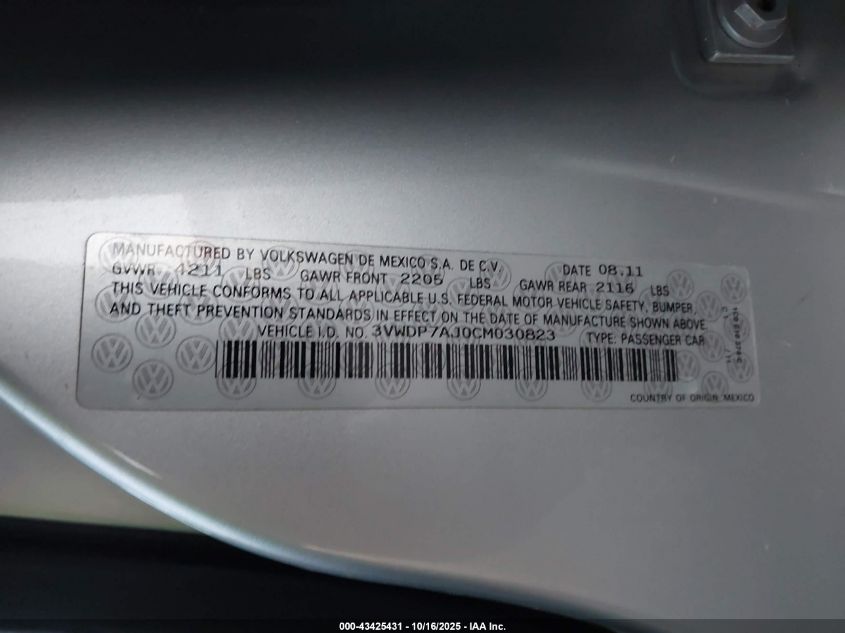 2012 Volkswagen Jetta 2.5L Se VIN: 3VWDP7AJ0CM030823 Lot: 43425431