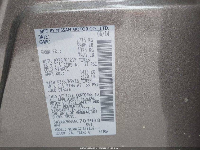 2014 Nissan Pathfinder Sl VIN: 5N1AR2MM4EC709938 Lot: 43425432