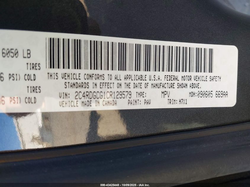 2012 Dodge Grand Caravan Sxt VIN: 2C4RDGCG1CR129579 Lot: 43425448