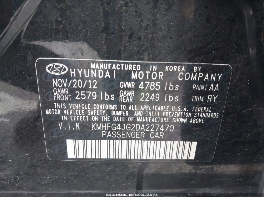2013 Hyundai Azera VIN: KMHFG4JG2DA227470 Lot: 43425456