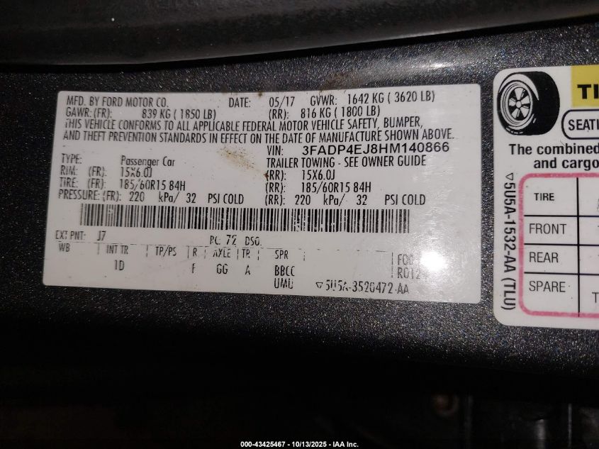 2017 Ford Fiesta Se VIN: 3FADP4EJ8HM140866 Lot: 43425467