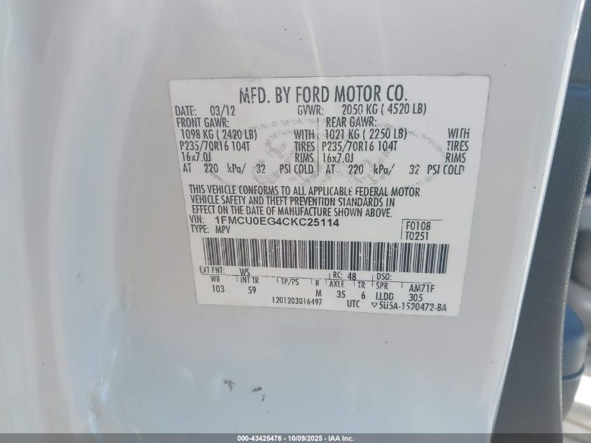 2012 Ford Escape Limited VIN: 1FMCU0EG4CKC25114 Lot: 43425476