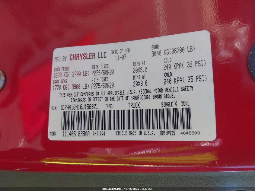 2008 Dodge Ram 1500 Slt VIN: 1D7HA18N18J156971 Lot: 43425498