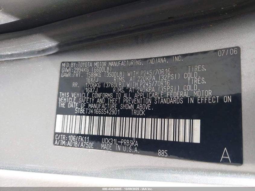 2006 Toyota Tundra Sr5 V8 VIN: 5TBET34166S542901 Lot: 43425505