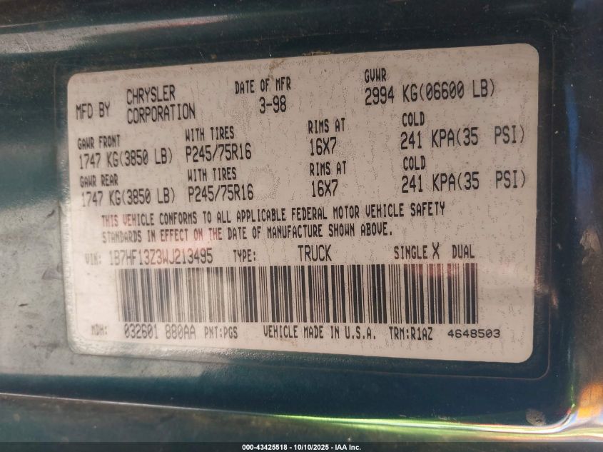 1998 Dodge Ram 1500 VIN: 1B7HF13Z3WJ213495 Lot: 43425518