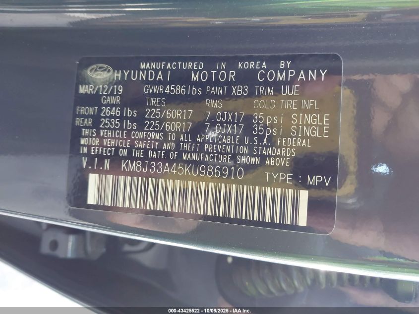 2019 Hyundai Tucson Value VIN: KM8J33A45KU986910 Lot: 43425522