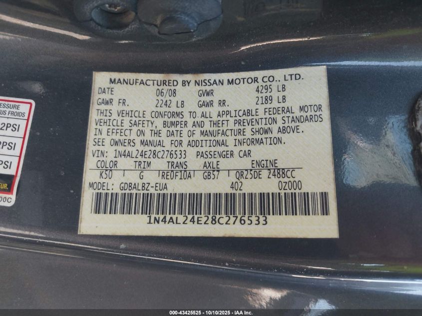 2008 Nissan Altima 2.5 S VIN: 1N4AL24E28C276533 Lot: 43425525