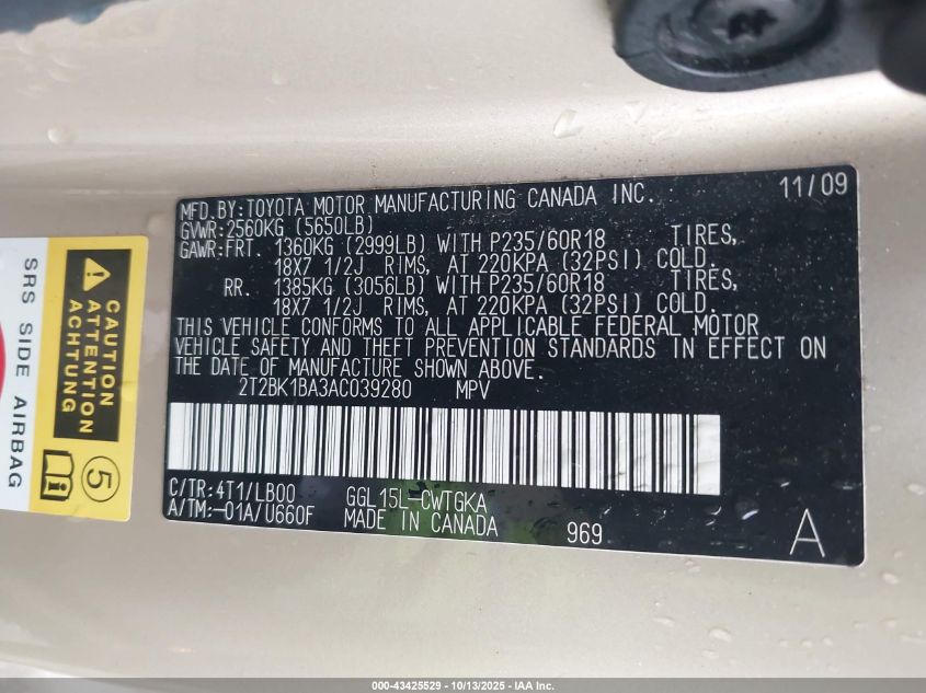 2010 Lexus Rx 350 VIN: 2T2BK1BA3AC039280 Lot: 43425529