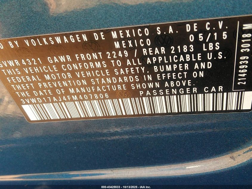 2015 Volkswagen Jetta 1.8T Se VIN: 3VWD17AJ4FM407806 Lot: 43425533