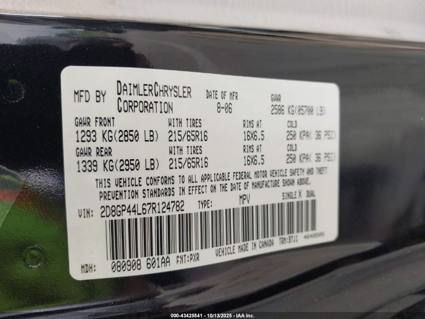 2007 Dodge Grand Caravan Sxt VIN: 2D8GP44L67R124782 Lot: 43425541