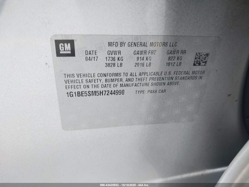 2017 Chevrolet Cruze Lt Auto VIN: 1G1BE5SM5H7244990 Lot: 43425552