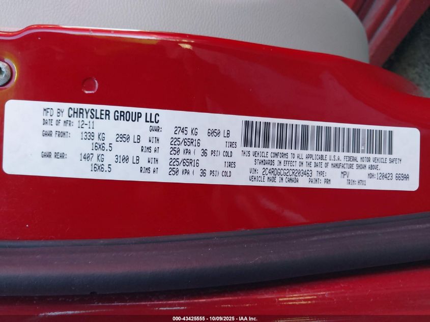 2012 Dodge Grand Caravan Sxt VIN: 2C4RDGCG2CR203463 Lot: 43425555