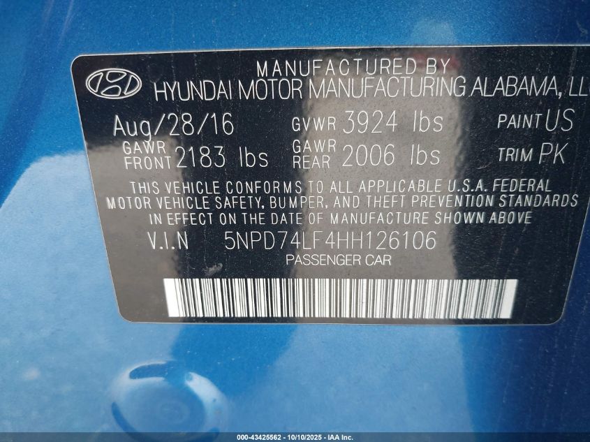 2017 Hyundai Elantra Se VIN: 5NPD74LF4HH126106 Lot: 43425562