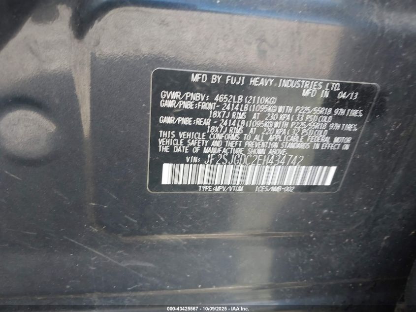 2014 Subaru Forester 2.0Xt Premium VIN: JF2SJGDC2EH434742 Lot: 43425567
