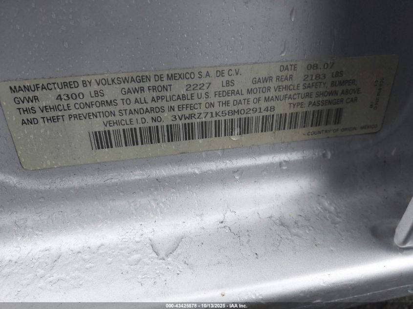 2008 Volkswagen Jetta Se/Sel VIN: 3VWRZ71K58M029148 Lot: 43425578