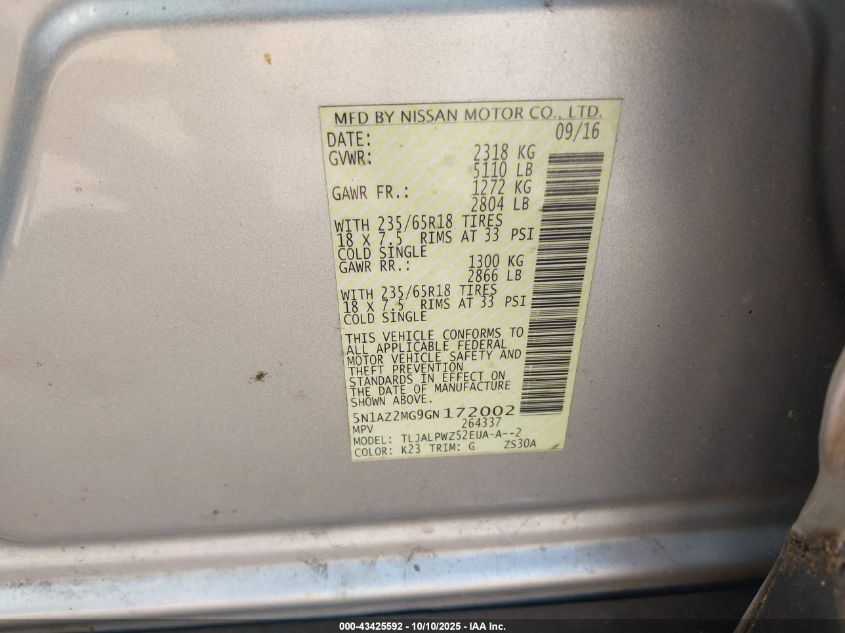 2016 Nissan Murano S VIN: 5N1AZ2MG9GN172002 Lot: 43425592