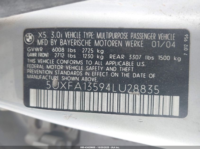2004 BMW X5 3.0I VIN: 5UXFA13594LU28835 Lot: 43425605