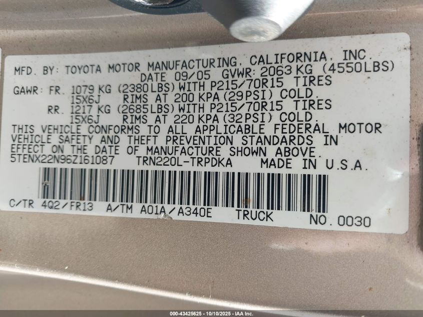 2006 Toyota Tacoma VIN: 5TENX22N96Z161087 Lot: 43425625