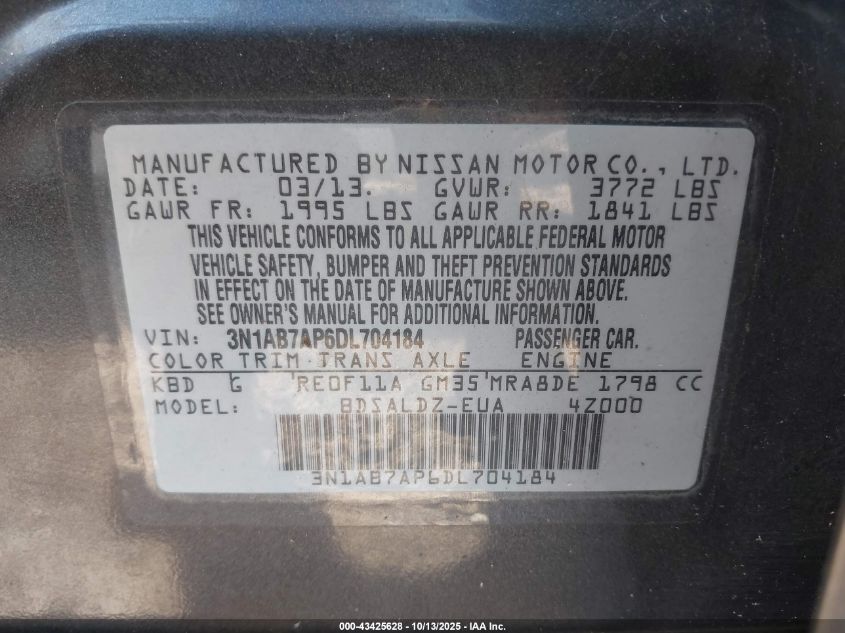 2013 Nissan Sentra Sv VIN: 3N1AB7AP6DL704184 Lot: 43425628