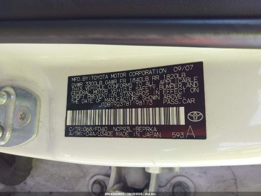 2008 Toyota Yaris S VIN: JTDBT923781198173 Lot: 43425653