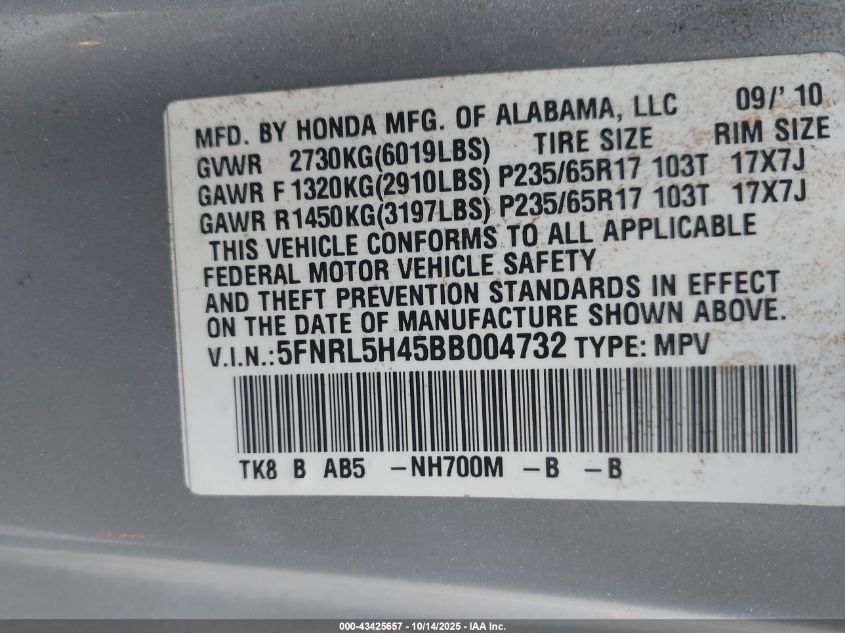 2011 Honda Odyssey Ex VIN: 5FNRL5H45BB004732 Lot: 43425657