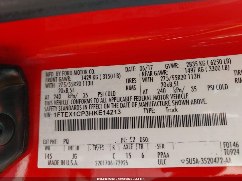 2017 Ford F150 Super Cab VIN: 1FTEX1CP3HKE14213 Lot: 43425660