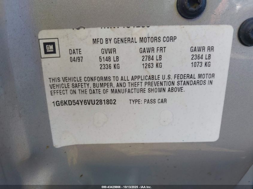 1997 Cadillac Deville Standard VIN: 1G6KD54Y6VU281802 Lot: 43425666