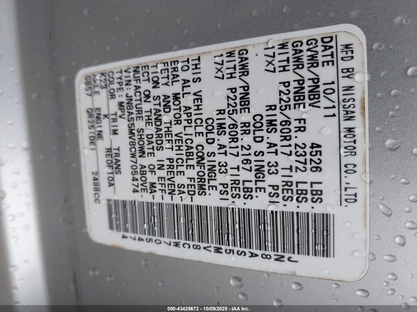 2012 Nissan Rogue Sv VIN: JN8AS5MV8CW705474 Lot: 43425672