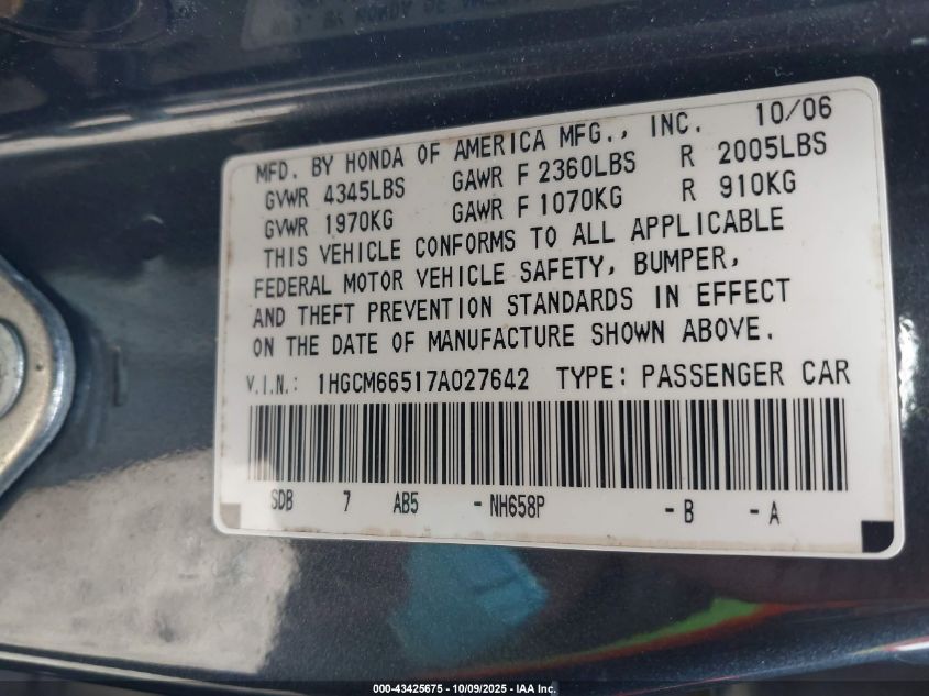 2007 Honda Accord 3.0 Ex VIN: 1HGCM66517A027642 Lot: 43425675