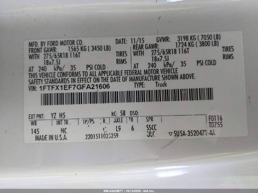 2016 Ford F-150 Lariat VIN: 1FTFX1EF7GFA21606 Lot: 43425677