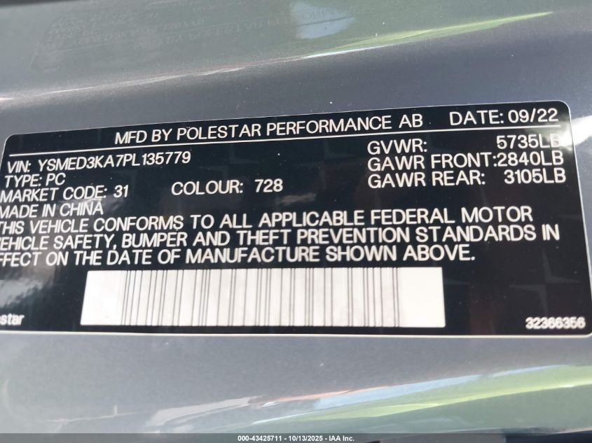 2023 Polestar 2 Long Range Dual Motor/Long Range Dual Motor Plus VIN: YSMED3KA7PL135779 Lot: 43425711