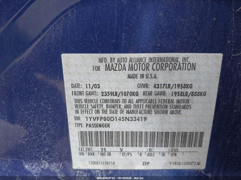 2004 Mazda Mazda6 S VIN: 1YVFP80D145N33419 Lot: 43425722