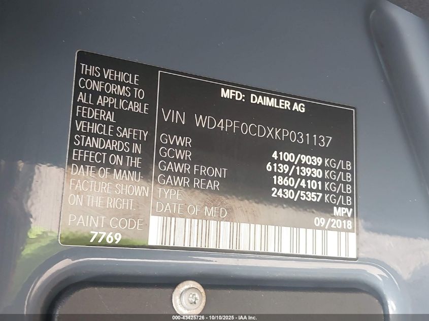 2019 Mercedes-Benz Sprinter 2500 Standard Roof V6 VIN: WD4PF0CDXKP031137 Lot: 43425726
