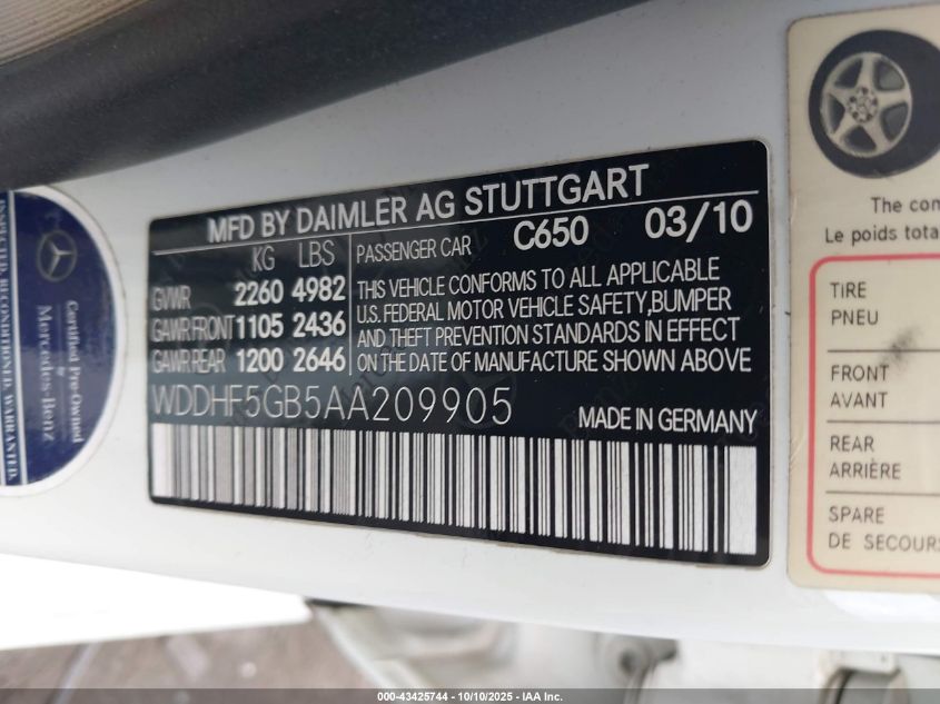 2010 Mercedes-Benz E 350 VIN: WDDHF5GB5AA209905 Lot: 43425744