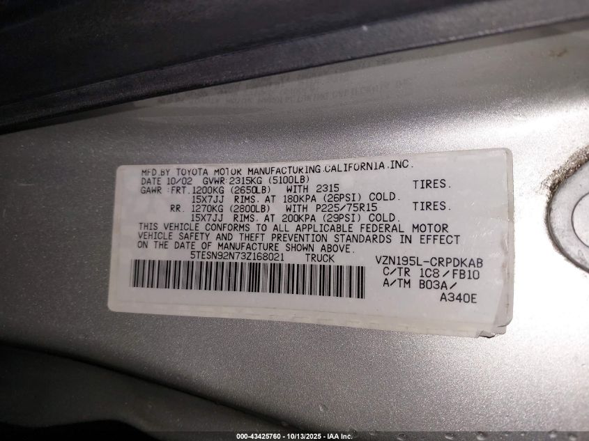2003 Toyota Tacoma Prerunner V6 VIN: 5TESN92N73Z168021 Lot: 43425760